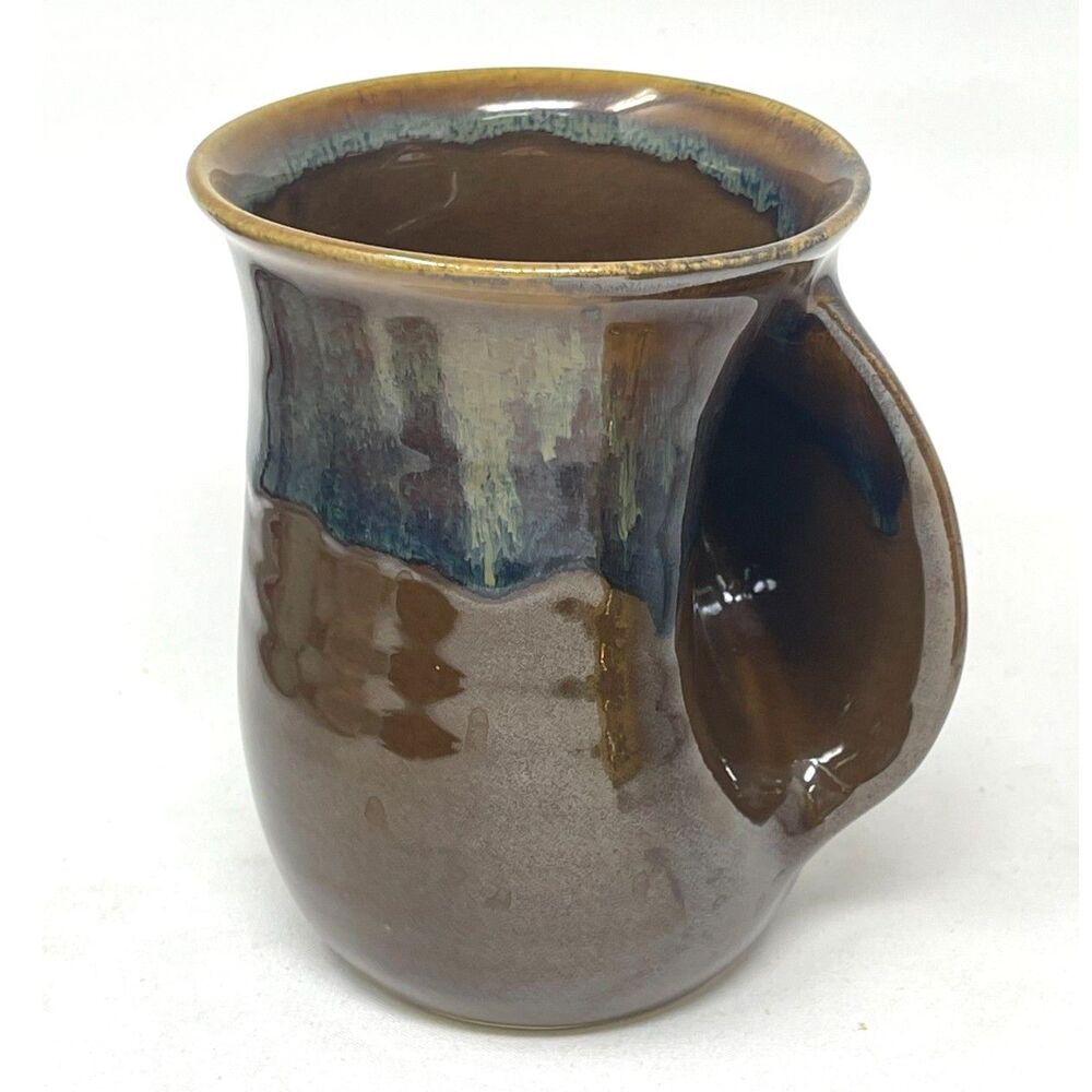 Neher Pottery Hand Warmer Coffee Cup Right Hand Handmade Signed Brown/Blue 2024